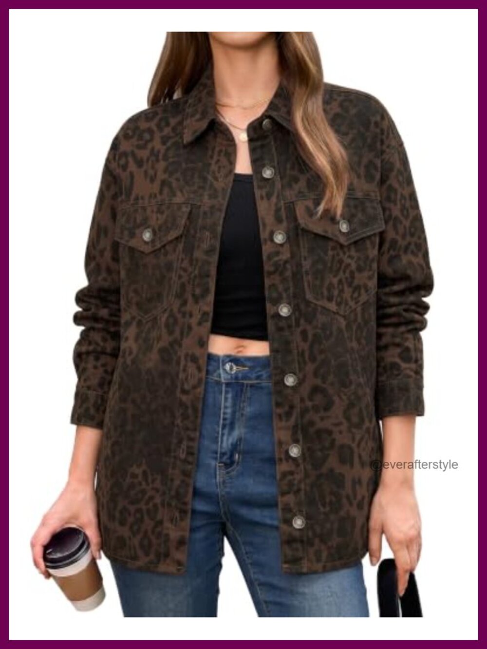 Leopard Print Oversized Denim Jacket Button Down Shacket